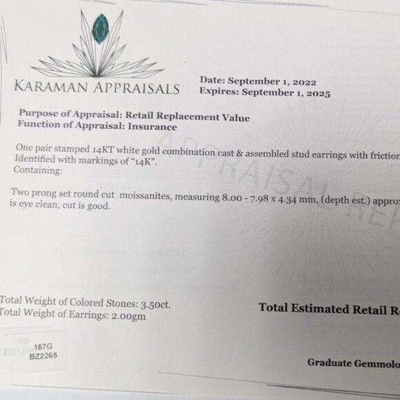 14K White Gold 2G Moissanite 3.5Ct Earrings Made in Canada. Has appraisal - Picture 2 of 4